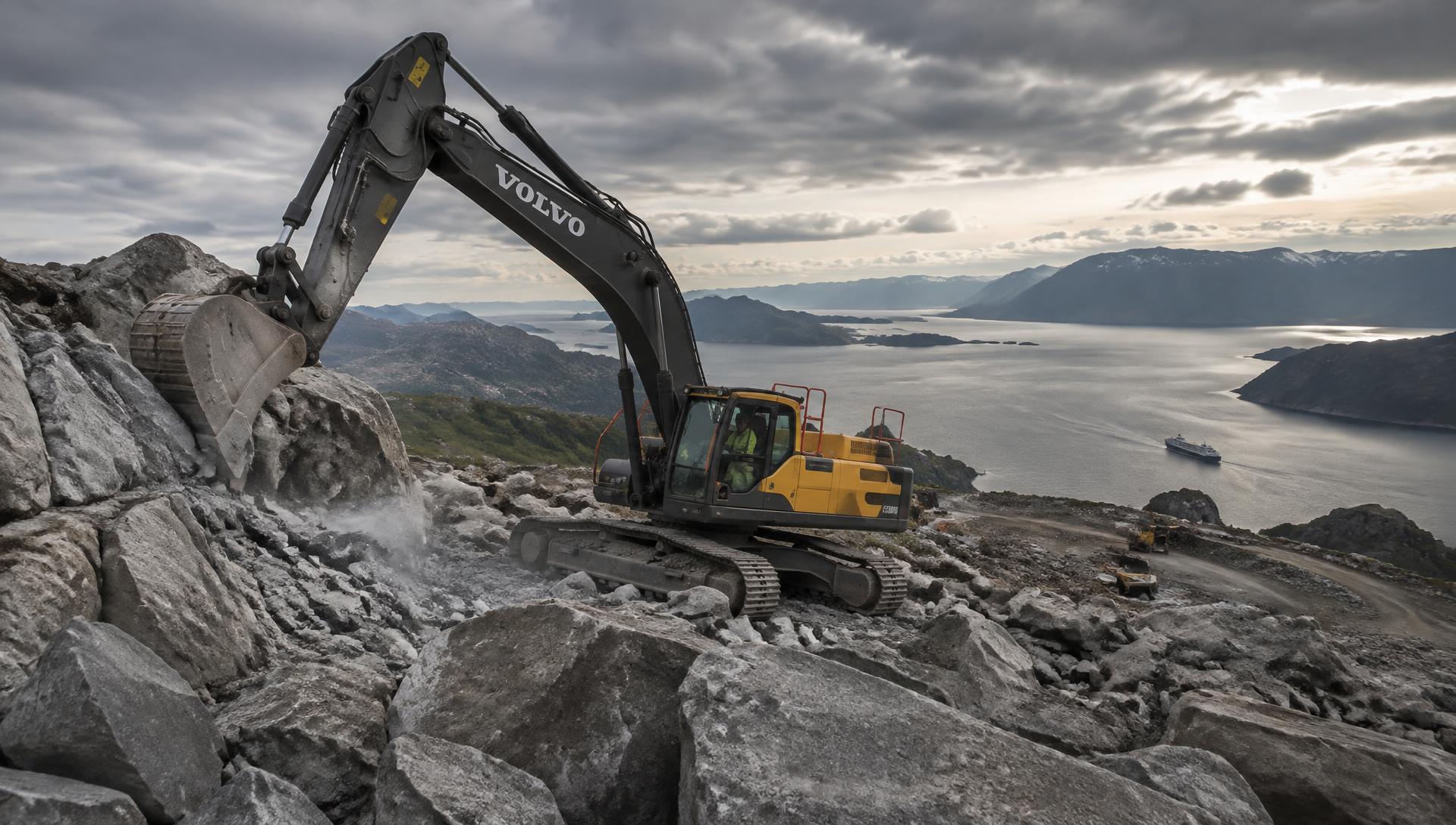 Gravemaskin i arbeid i fjellterreng på Vestlandet